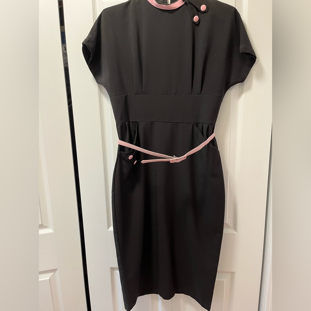 Bettie Page by Tatyana Black Fitted Pencil Dress With Pink Belt Extra Large XL